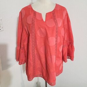 Chico's Orange Blouse, Textured Circles, Lace Accents, Bell Sleeves Size 3 XL/16
